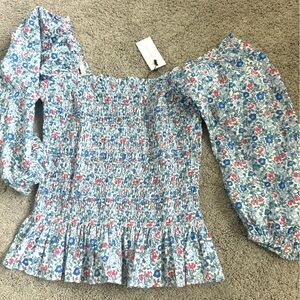Sugar + Lips blue floral off the shoulder balloon sleeves ruffles pink flowers
